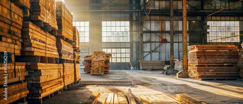 Wallpaper Mural Stacked wooden planks catching the sunlight inside an open, airy warehouse, with metallic supports and windows, emphasizing the contrast between nature and industry Torontodigital.ca