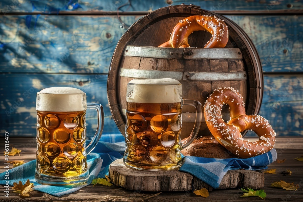 Two Beer Steins with Pretzels and Wooden Barrel on Rustic Table Two Beer Steins with Pretzels and Wooden Barrel on Rustic Table