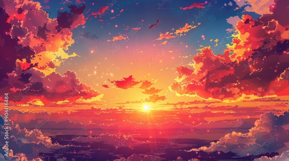 Vivid sunset sky with red clouds in a summer outdoor natural setting Vivid sunset sky with red clouds in a summer outdoor natural setting
