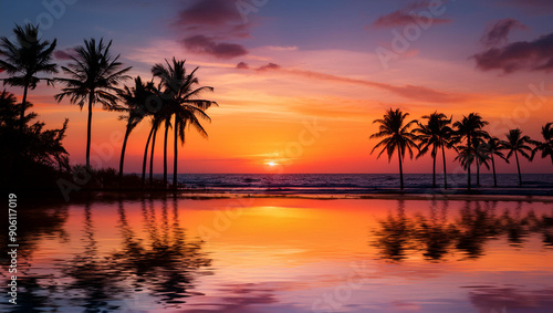 Silhouette coconut palm tree on the beach at beautiful sunset.