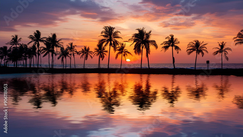 Silhouette coconut palm tree on the beach at beautiful sunset.