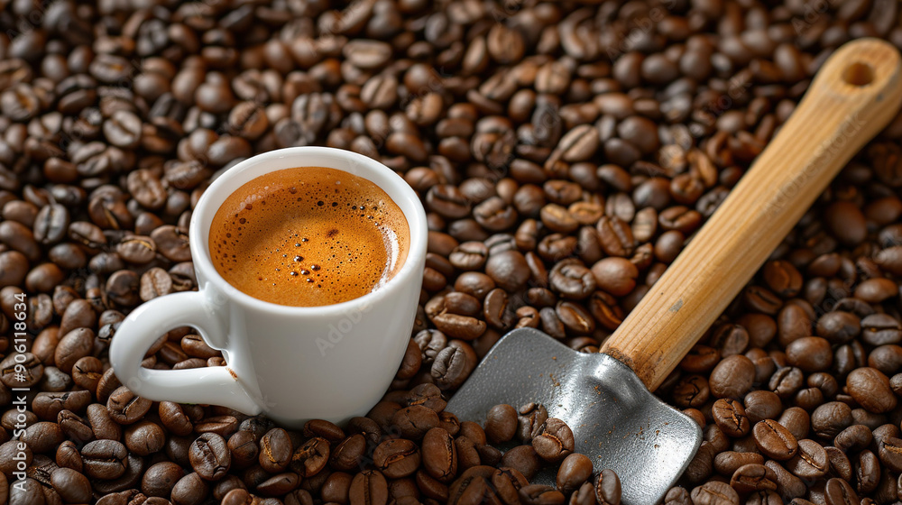 Espresso cup on coffee beans with wooden spoon in background, top view. Cup on coffee background. Cafe Style. Poster, banner. Cup of coffee with beans Espresso cup on coffee beans with wooden spoon in background, top view. Cup on coffee background. Cafe Style. Poster, banner. Cup of coffee with beans