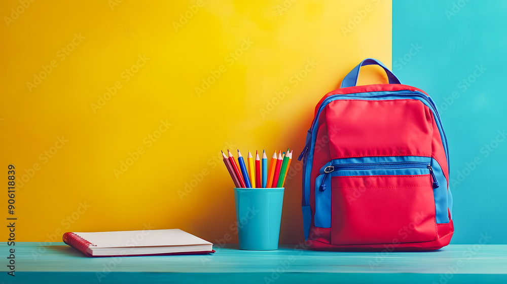 Bright and vibrant school backpack with various stationery supplies like pencils notebook and other study equipment arranged neatly on a colorful desk setting Bright and vibrant school backpack with various stationery supplies like pencils notebook and other study equipment arranged neatly on a colorful desk setting