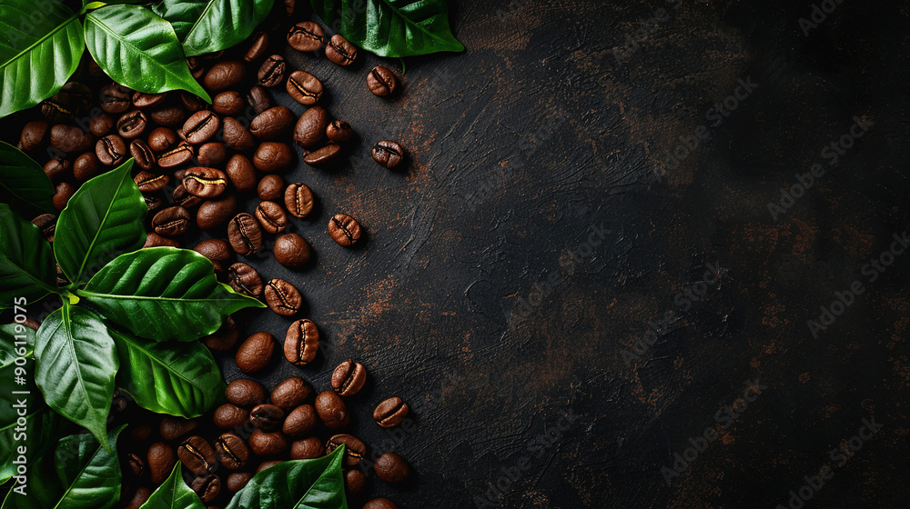 Obraz premium Coffee beans and green leaves on a dark background. Coffee background. Copy space area for text. Top view