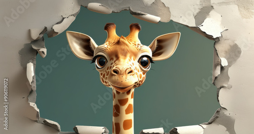 Cute Cartoon Giraffe Breaking Through a Wall