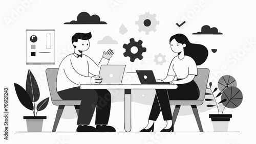  Two people sitting at a table and having a discussion about their profitable business, silhouette black vector illustration