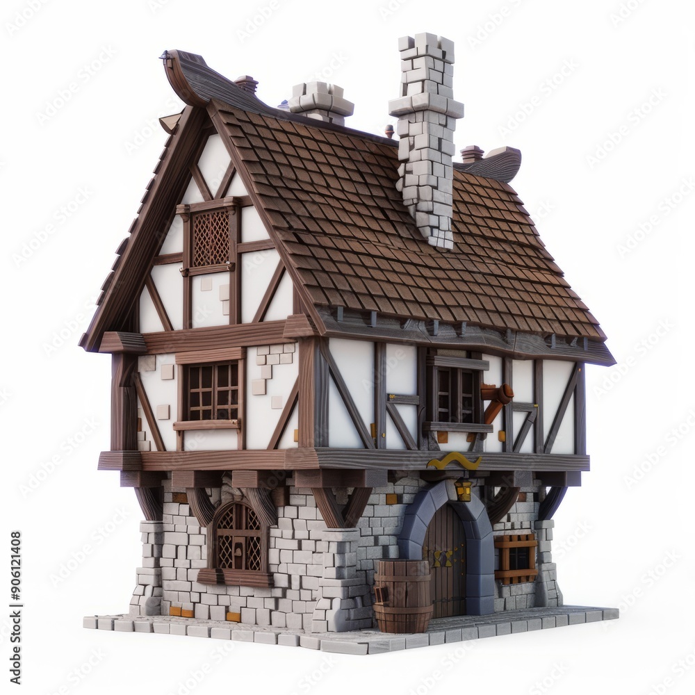 3D Render, Low Poly style of a medieval inn, on isolated white background, Generative AI 3D Render, Low Poly style of a medieval inn, on isolated white background, Generative AI