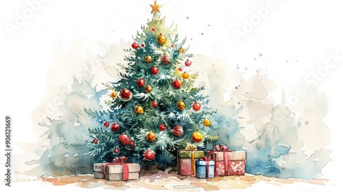 Cartoon watercolor of a decorated Christmas tree with colorful ornaments and presents underneath. Isolate A white background surrounds the main subject.