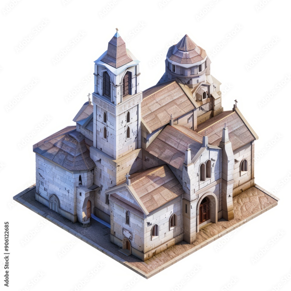 3D Render, Low Poly style of a medieval monastery, on isolated white background, Generative AI 3D Render, Low Poly style of a medieval monastery, on isolated white background, Generative AI