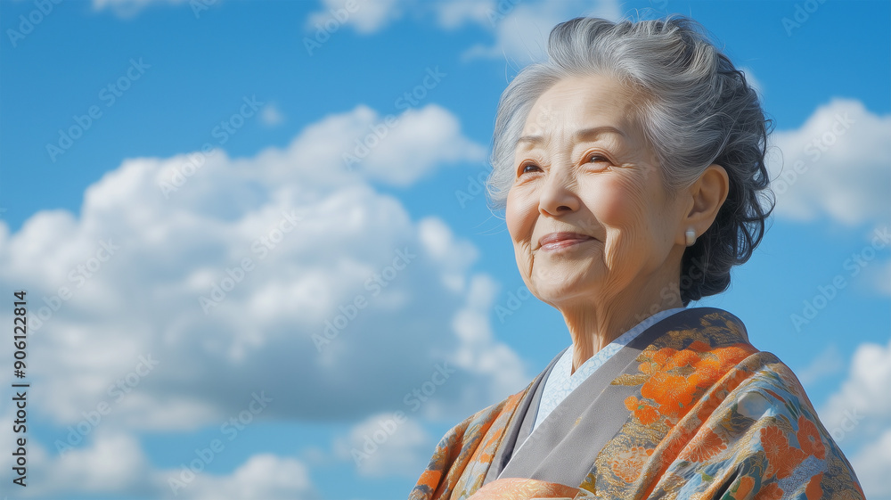 夏空の下、着物姿で微笑む高齢の女性 夏空の下、着物姿で微笑む高齢の女性