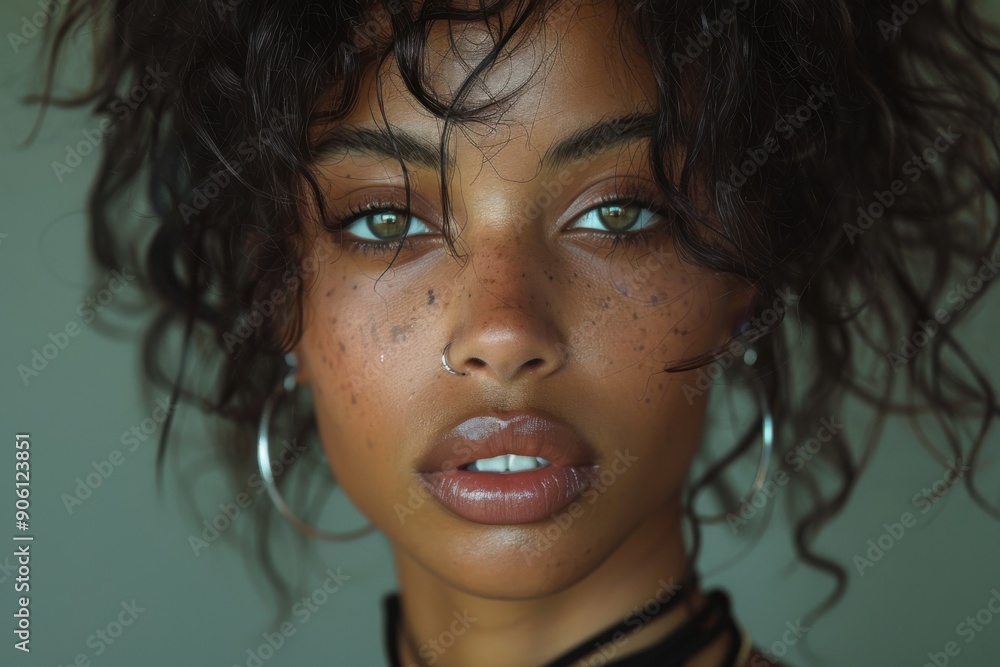 Close-up portrait of a black woman with curly hair and distinctive freckles. Close-up portrait of a black woman with curly hair and distinctive freckles.
