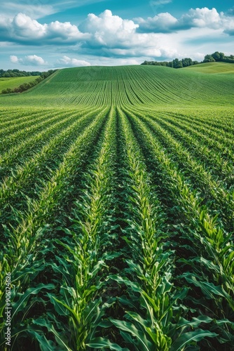 Lush green cornfield under a bright blue sky with puffy clouds