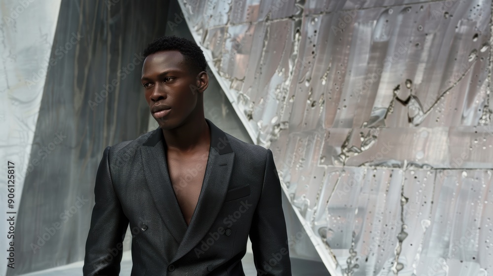 A man in a sharply tailored blazer, no shirt underneath, standing confidently in front of a modern art installation A man in a sharply tailored blazer, no shirt underneath, standing confidently in front of a modern art installation