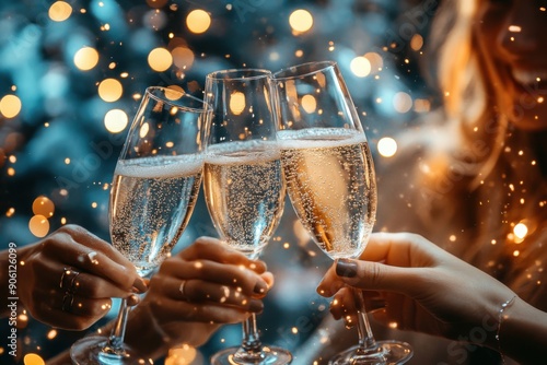 Three people clinking champagne glasses at a festive celebration. photo