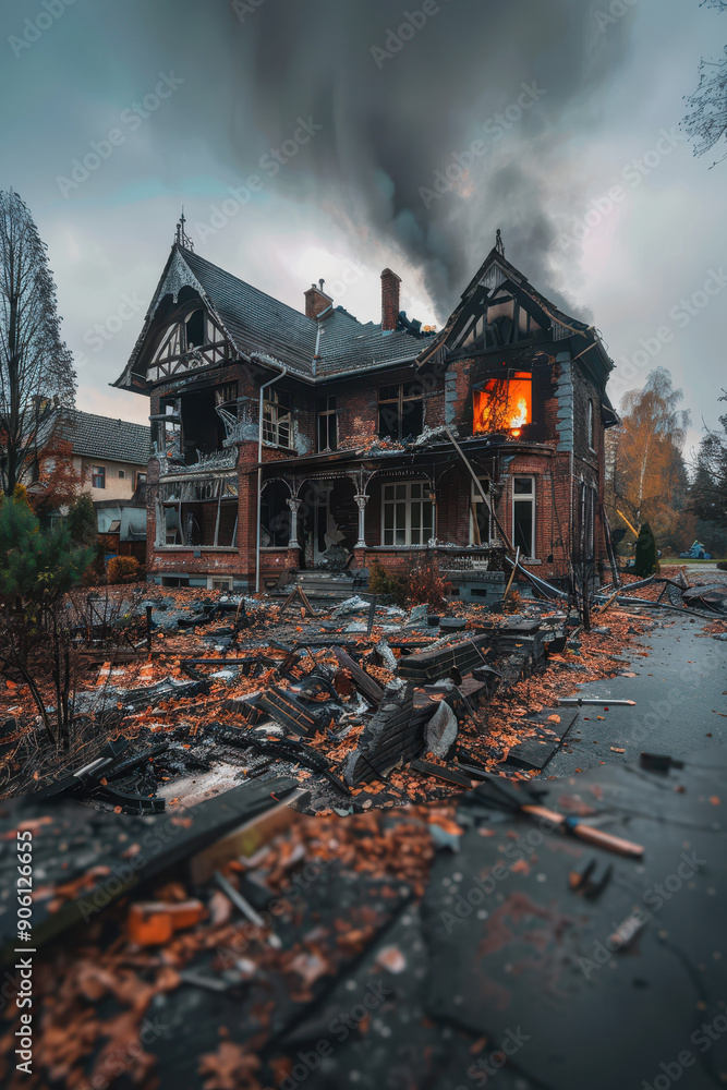 Obraz premium A burned down house sits in a field with a few trees in the background. The house is surrounded by rubble and debris, and the sky is cloudy. The scene is desolate and sad, with a sense of loss