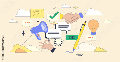 Communication and soft skills for effective conversation tiny person neubrutalism concept. Talk, write and communicate with confidence and efficiency for business deal success vector illustration.