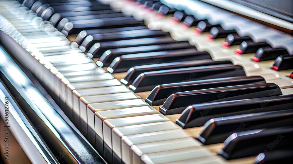 Extreme Closeup of black and white piano musical instrument keyboard keys. Classical melody sound concert performance entertainment, pianist musician synthesizer equipment Extreme Closeup of black and white piano musical instrument keyboard keys. Classical melody sound concert performance entertainment, pianist musician synthesizer equipment