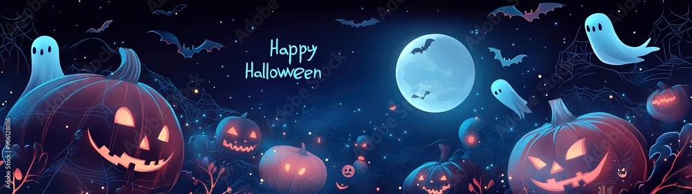 Happy Halloween banner or party invitation background with clouds, bats and pumpkins. Vector illustration. sky, spiders web.illustration. Happy Halloween banner or party invitation background with clouds, bats and pumpkins. Vector illustration. sky, spiders web.illustration.