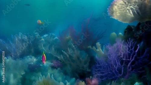 Watercolor-painted underwater world with vibrant fish and colorful corals in a serene aquatic scene.