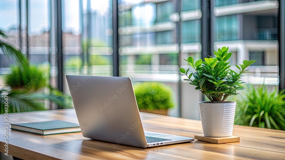 Green plant in a small pot on office table next to a laptop notebook computer. Modern desktop workplace or workspace design, freelance work job, interior, contemporary indoor space Green plant in a small pot on office table next to a laptop notebook computer. Modern desktop workplace or workspace design, freelance work job, interior, contemporary indoor space
