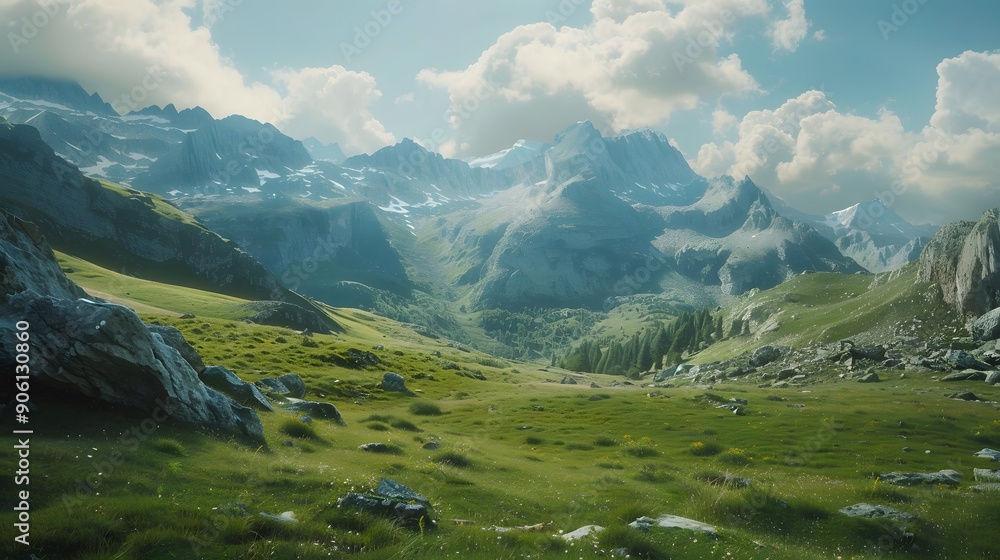 Obraz premium valley with towering mountain landscape background,generative ai