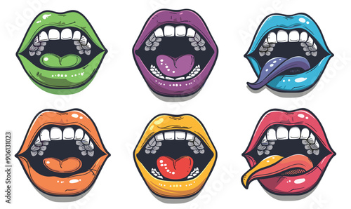 Six stylized cartoon mouths various expressions colors, showing teeth, tongues, lips. Top row features green mouth teeth bared, purple heart shape tongue, blue mouth extended tongue. Bottom row