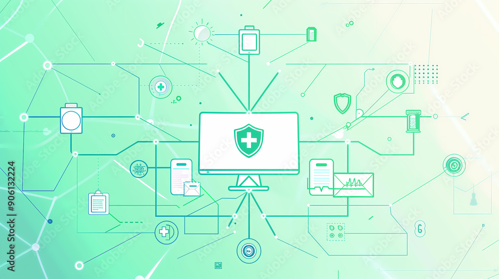Digital Health Network with Integrated Security System, perfect for illustrating advanced healthcare technology and data protection
Digital Health Network with Integrated Security System, perfect for illustrating advanced healthcare technology and data protection
