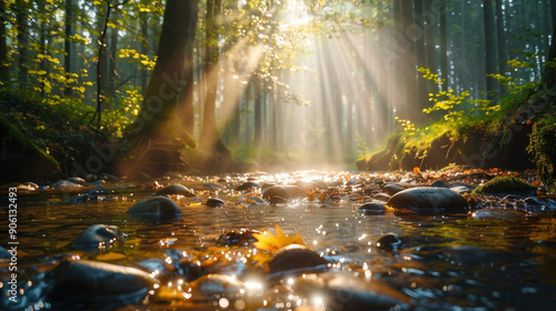 A stream of water flows through a forest, with sunlight shining on the water and the surrounding trees. The scene is peaceful and serene, with the water creating a calming atmosphere