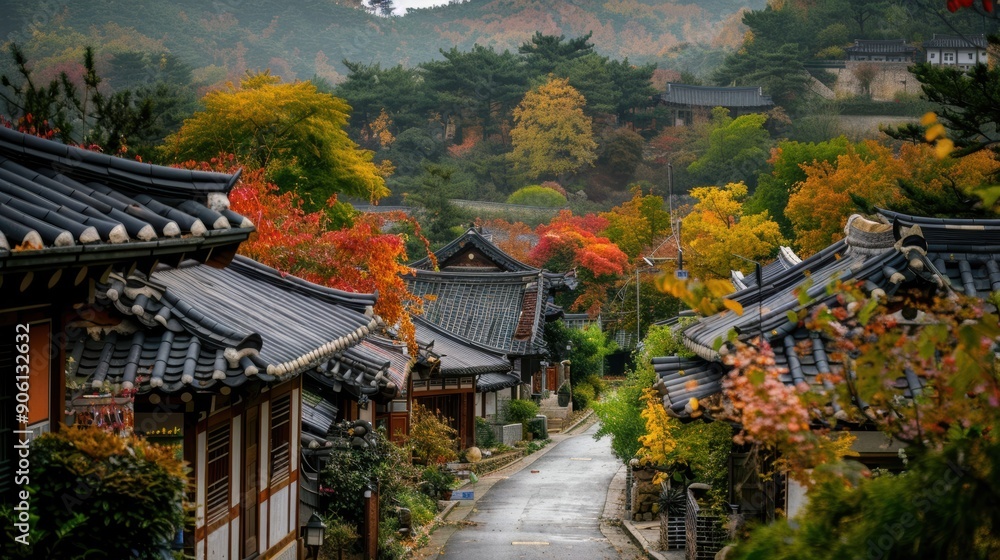 A picturesque scene of a Korean village with traditional hanok houses, narrow streets, and vibrant autumn foliage A picturesque scene of a Korean village with traditional hanok houses, narrow streets, and vibrant autumn foliage