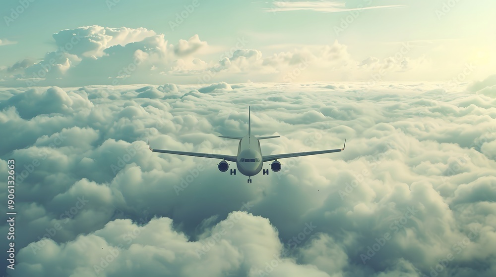 Fototapeta premium Commercial plane flying above of clouds,Travel and transport concept background,generative ai