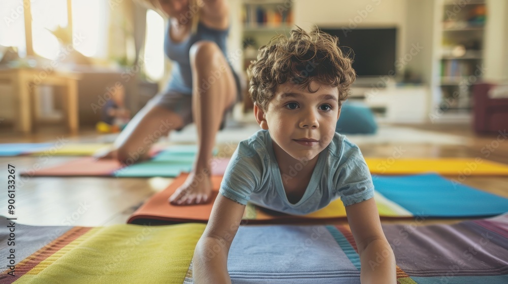 Fototapeta premium Family Yoga Session at Home - Boy Learning Yoga Poses with Parent, Colorful Mats, and Guide in Living Room Setting