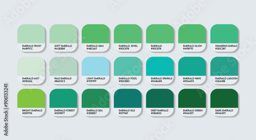 Emerald Color Palette, Emerald Color Guide Palette with Color Names. Catalog Samples of Emerald with RGB HEX codes and Names. Green Colors Palette Vector, Fashion Trend Green Color shades Vector