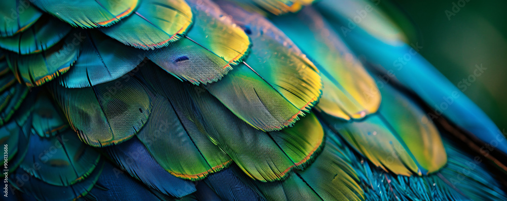 Obraz premium Close-up of the vibrant green and blue plumage patterns on peacock feathers, showcasing intricate feather textures and colors