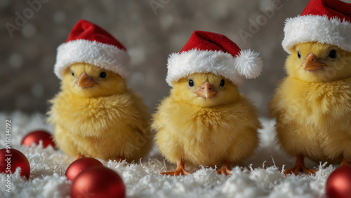 Three fluffy yellow chicks wearing Santa hats, sitting on a bed of brown straw.