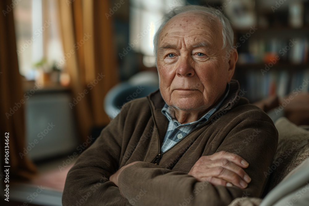 Portrait of a Caucasian senior elderly man sits on sofa, cross his arm. Portrait of a Caucasian senior elderly man sits on sofa, cross his arm.