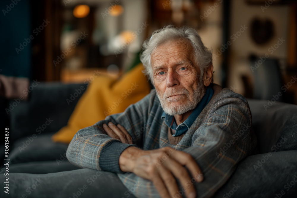 Portrait of a Caucasian senior elderly man sits on sofa, cross his arm. Portrait of a Caucasian senior elderly man sits on sofa, cross his arm.