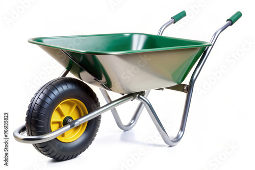 Green Wheelbarrow Isolated on White Background.