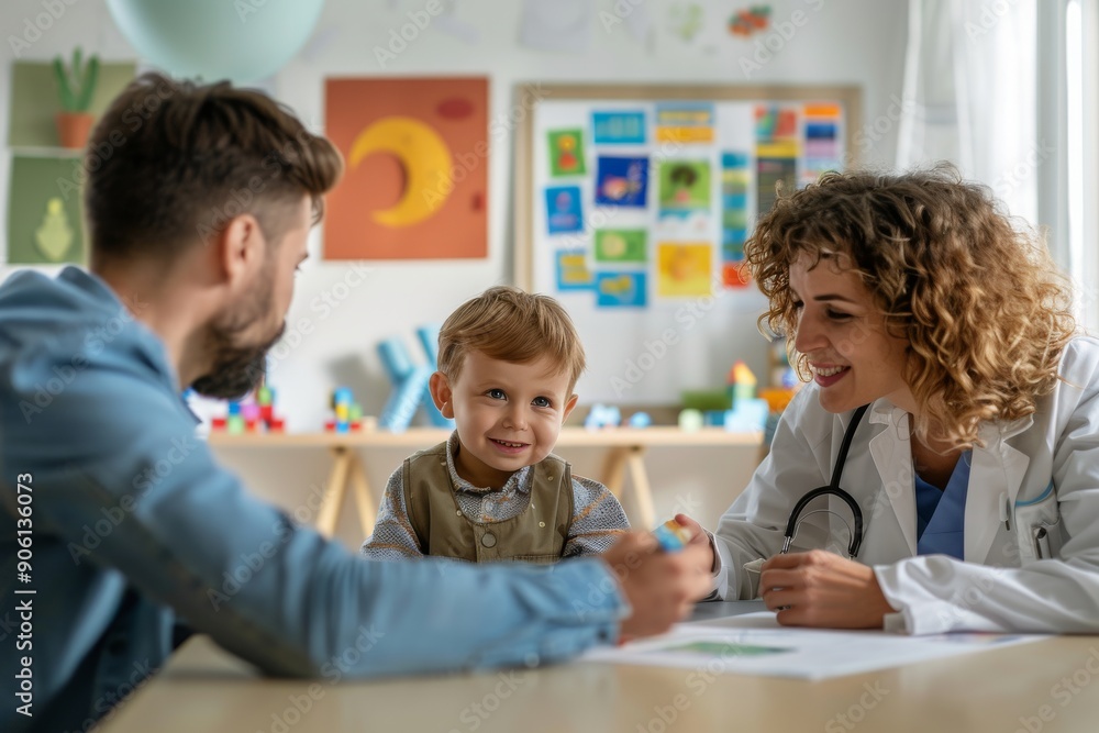 Doctor examining a child with his father present Doctor examining a child with his father present