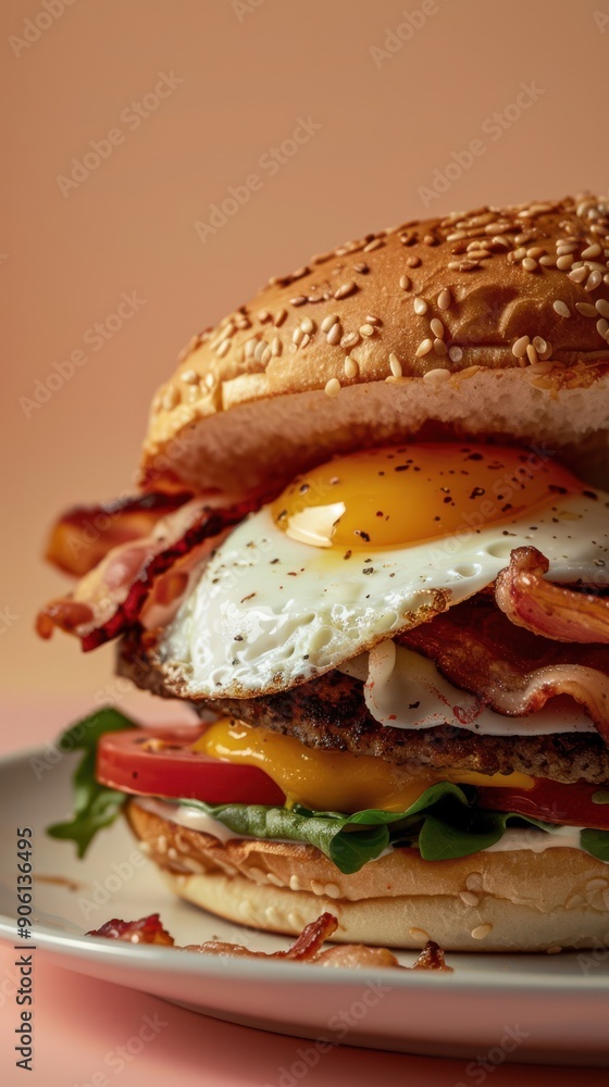 Delicious Breakfast Sandwich with Egg and Bacon with Pastel blurred Background Delicious Breakfast Sandwich with Egg and Bacon with Pastel blurred Background