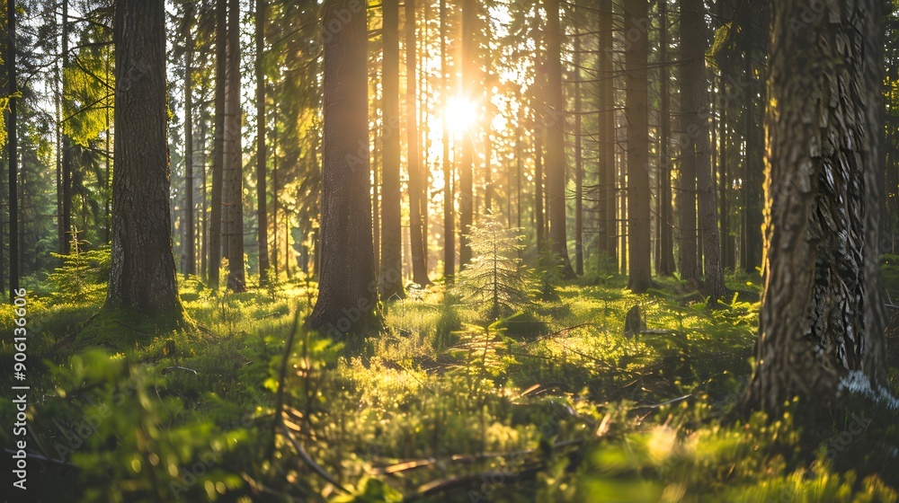 Obraz premium green pine forest with sunlight background,generative ai