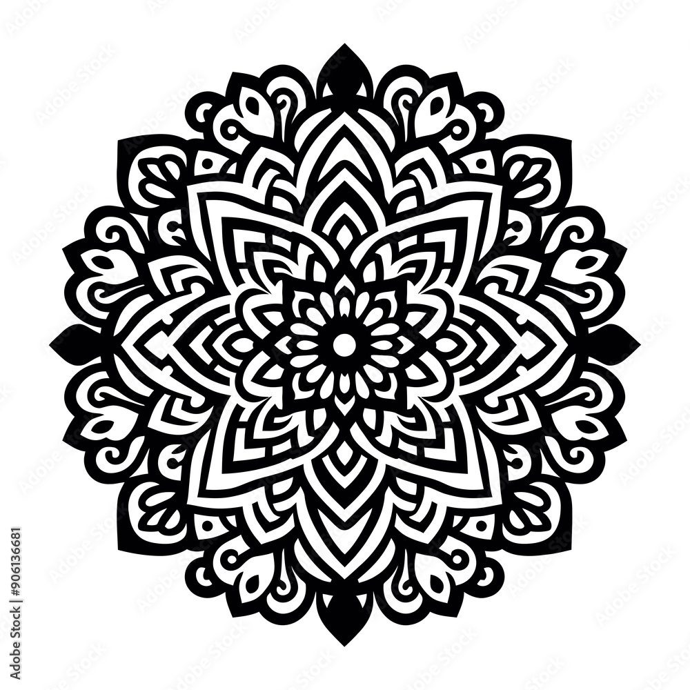 Black silhouette rose with a decorative pattern floral and ornamental mandala style design Black silhouette rose with a decorative pattern floral and ornamental mandala style design