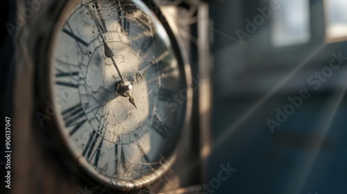 A oncegrand grandfather clock now in disrepair, sunlight filtering through cobwebs, capturing the sense of lost time and decay, nostalgia, banner, with copy space photo