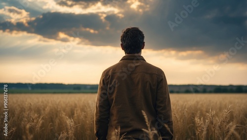 Back view of a man standing in the middle of the field and looking at the sky.