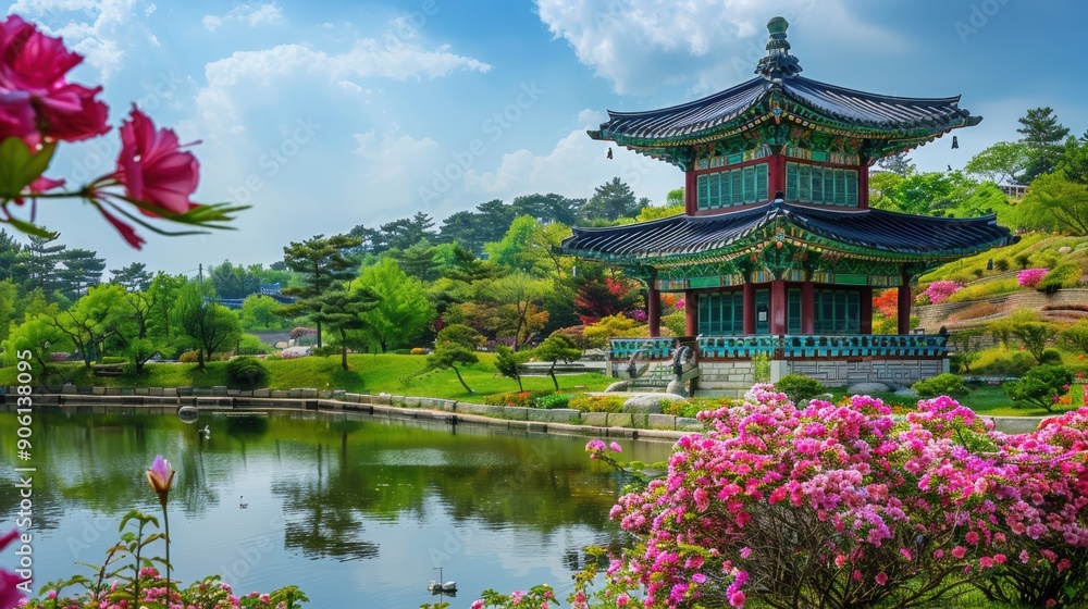 A serene view of a Korean pagoda on a hillside, surrounded by blooming flowers and tranquil scenery A serene view of a Korean pagoda on a hillside, surrounded by blooming flowers and tranquil scenery
