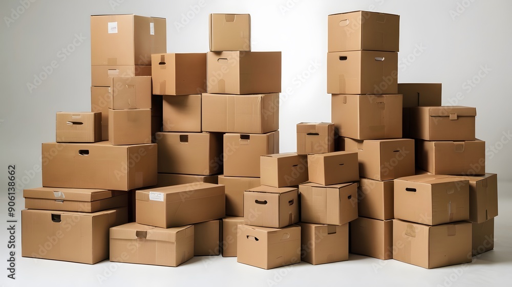 Fototapeta premium Stacks of Brown Cardboard Boxes in a Brightly Lit Storage Room During Midday