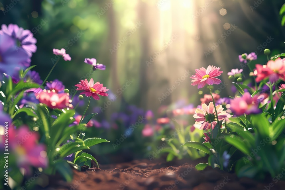 Obraz premium A whimsical flower garden where flowers float gently above the ground and sunlight filters through