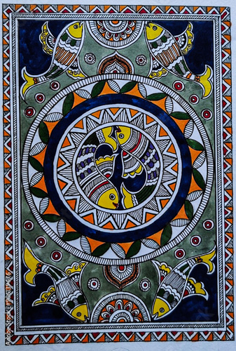 Hand-drawn Madhubani art using fish motifs, A traditional craft from Madhubani, Bihar.