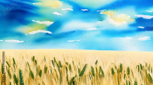 A watercolor animation of a yellow wheat field with the camera smoothly rising from a close-up of the stalks to reveal a blue sky.