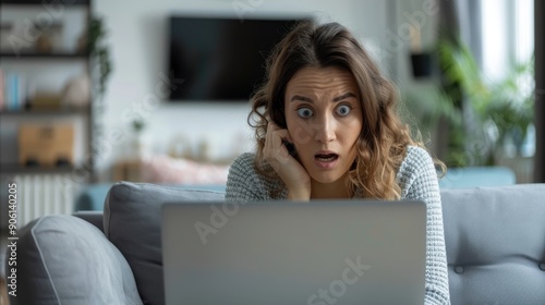 Suspicious woman discovering incriminating message on partner's laptop screen in modern living room photo