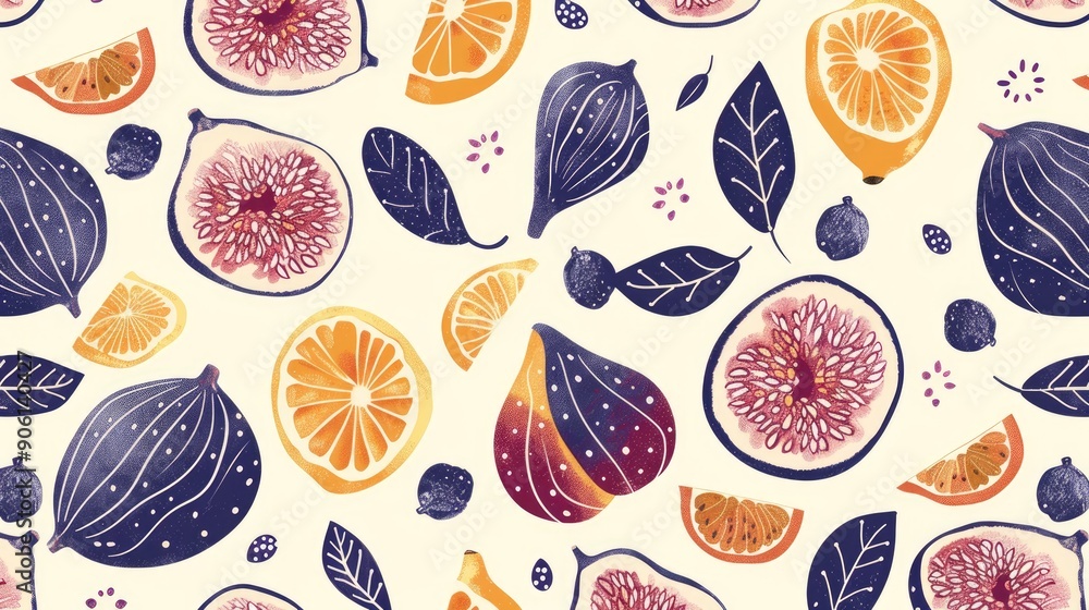 Hand drawn pattern with figs spots seeds dashed lines and labels Hand drawn pattern with figs spots seeds dashed lines and labels
